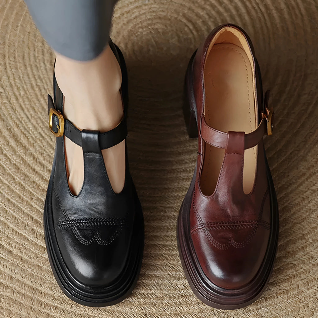 Soft leather Mary Jane pumps with chunky heel and belt decoration in black and brown, round toe, sizes 34-40