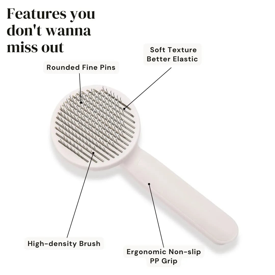 Self-cleaning slicker brush for dogs and cats with blue rubber handle and stainless steel bristles.