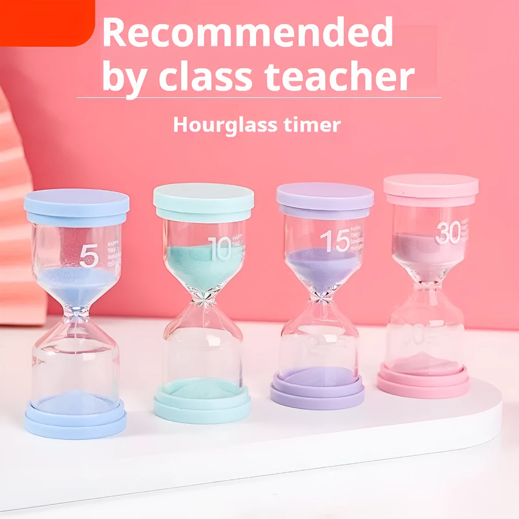 Handmade glass sand timer showing coloured sand flow with modern design, available in blue, green, pink or purple