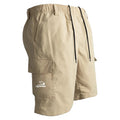 Man wearing loose straight-leg casual shorts in polyester fabric, available in black, blue, green, and khaki colours.