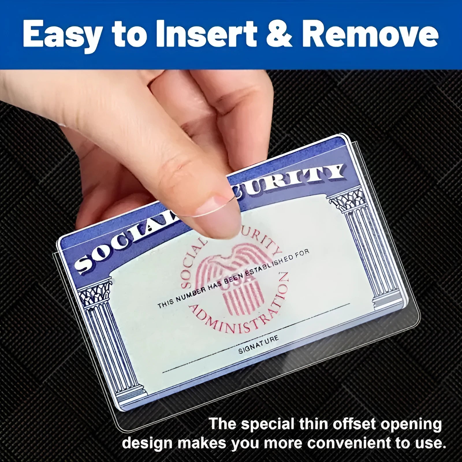 Transparent PVC card holder for social security and ID cards measuring 9.7 by 5.9 centimetres