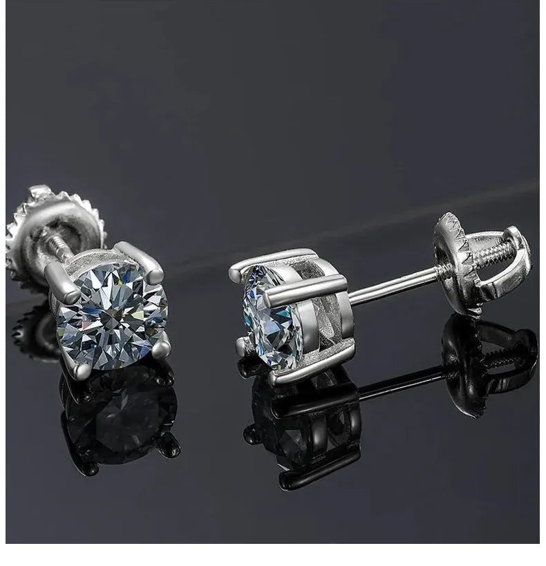 Silver geometric moissanite stud earrings with screw back fastening and four claw settings