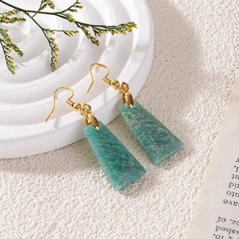 Amazonite rough stone trapezoid earrings with geometric design in gold and silver tone settings