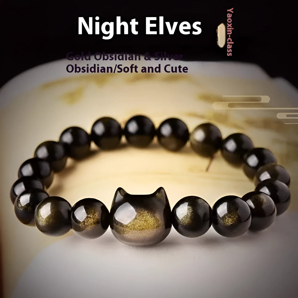 Natural obsidian cat head bracelet with polished round beads, silver style, 8mm size