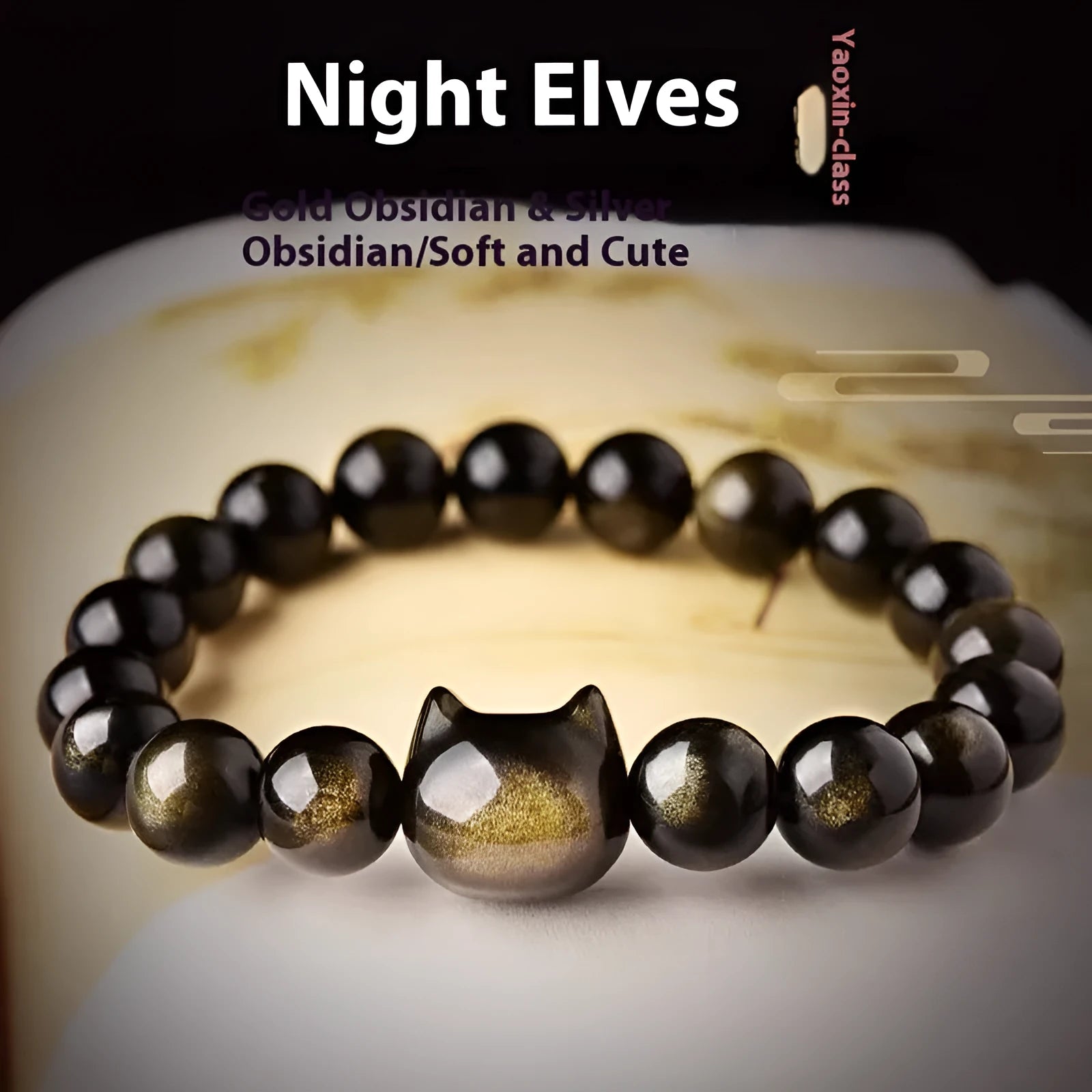Natural obsidian cat head bracelet with polished round beads, silver style, 8mm size