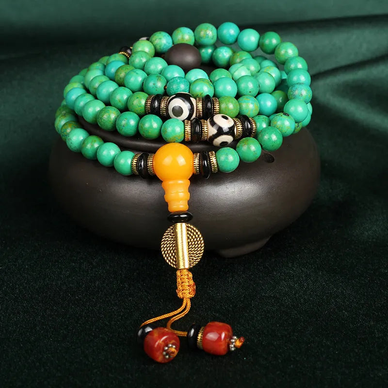 Natural turquoise beaded bracelet with 108 polished 8mm round stones in national style