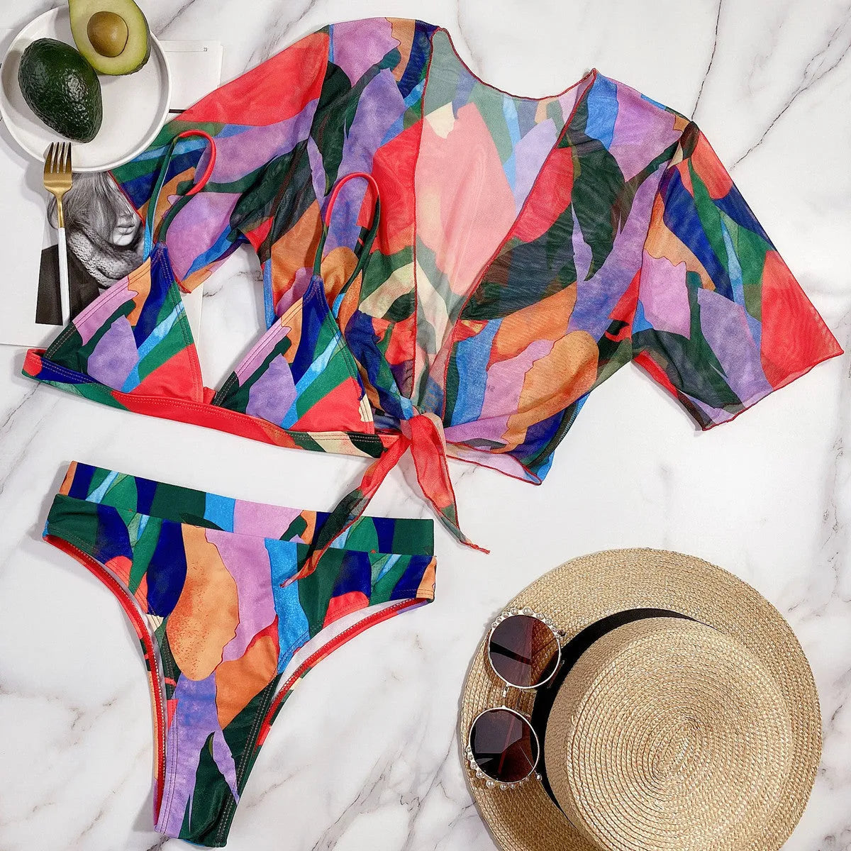 Red women's printed split swimsuit with briefs bikini style for swimming sports