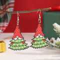 Wooden Christmas earrings with geometric shapes and printed festive designs
