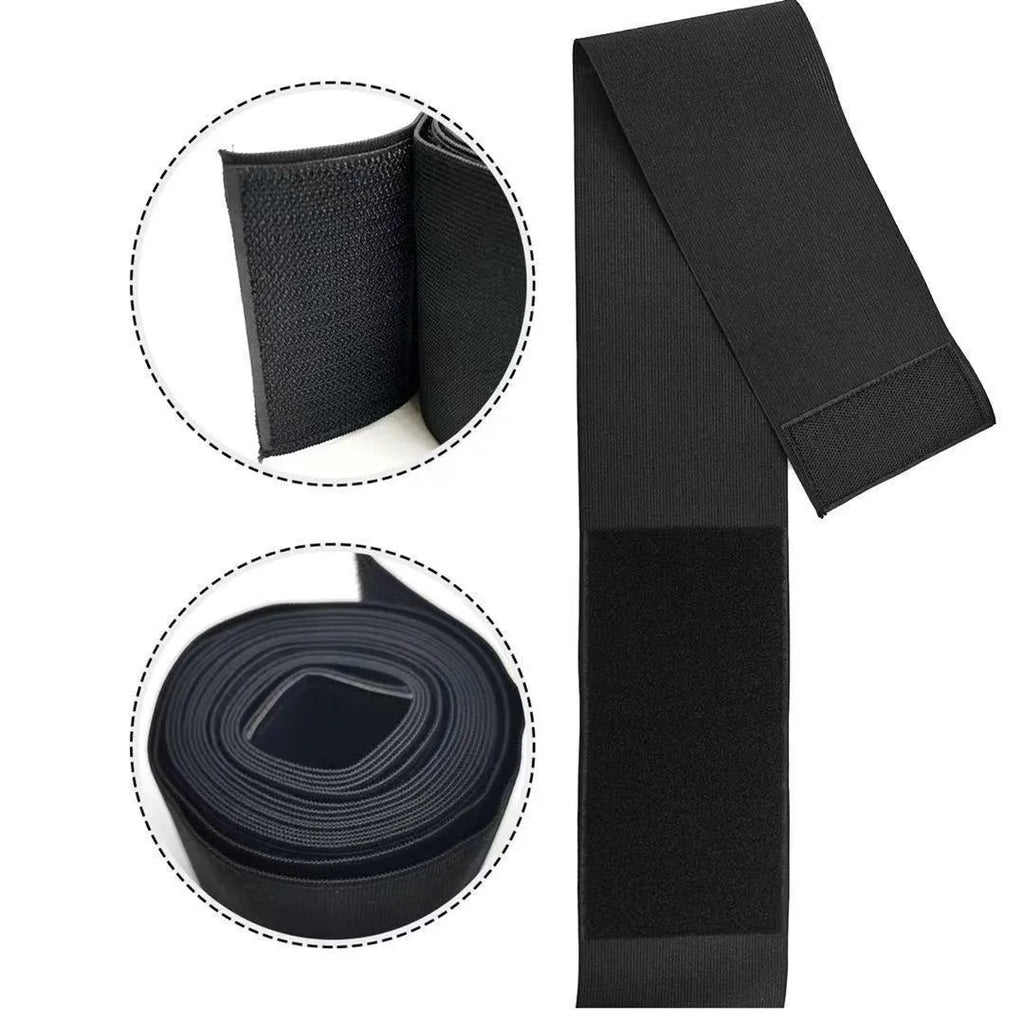 Polyester waist training restraint belt in black with adjustable length for yoga and body sculpting exercises