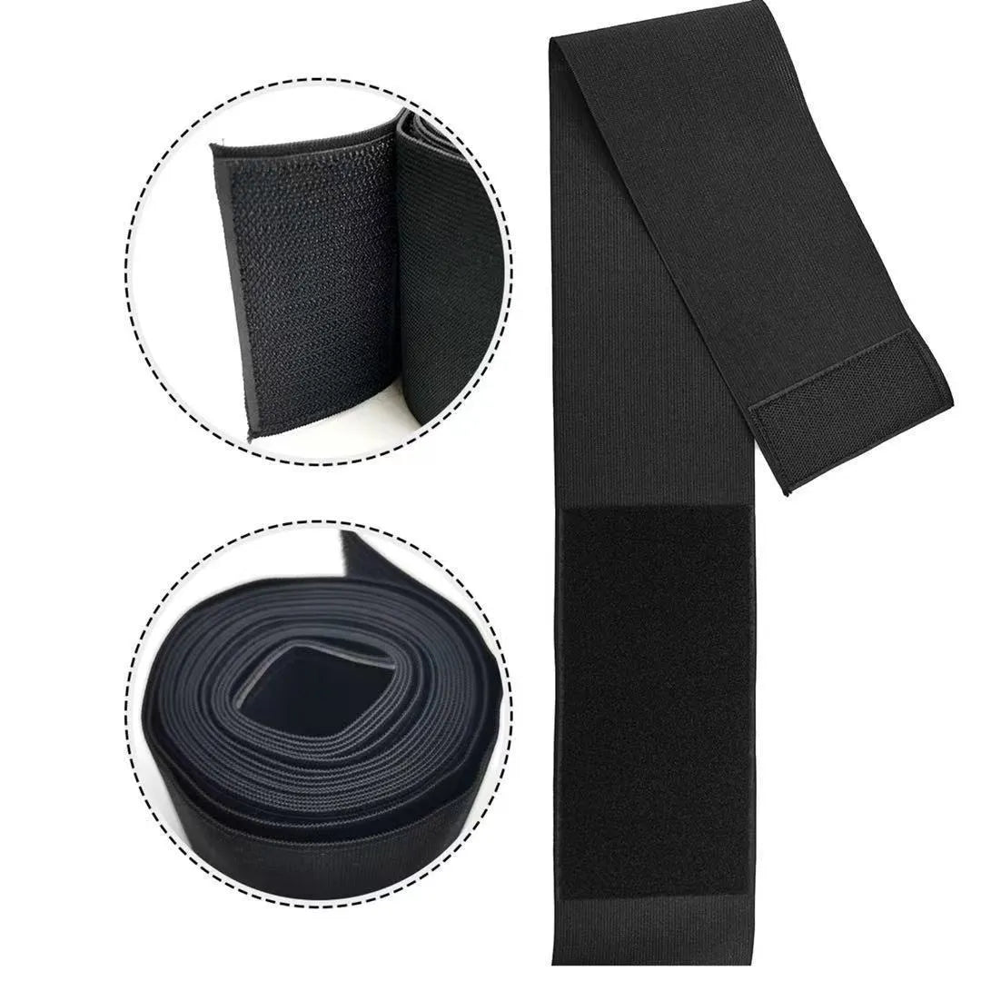 Polyester waist training restraint belt in black with adjustable length for yoga and body sculpting exercises