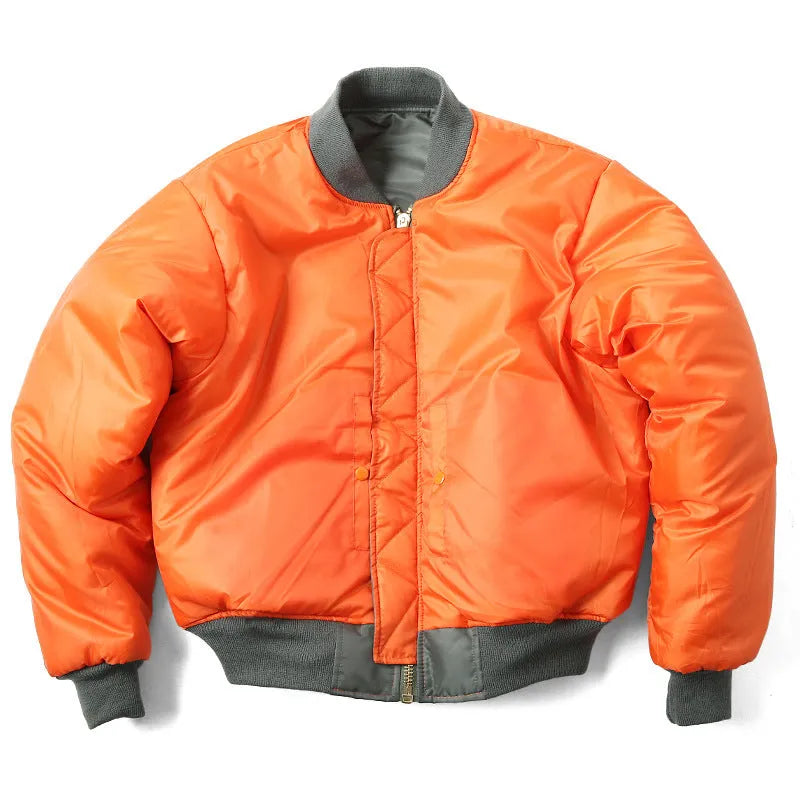 Men's army green loose-fitting nylon pilot jacket with cotton padding from American workwear collection.