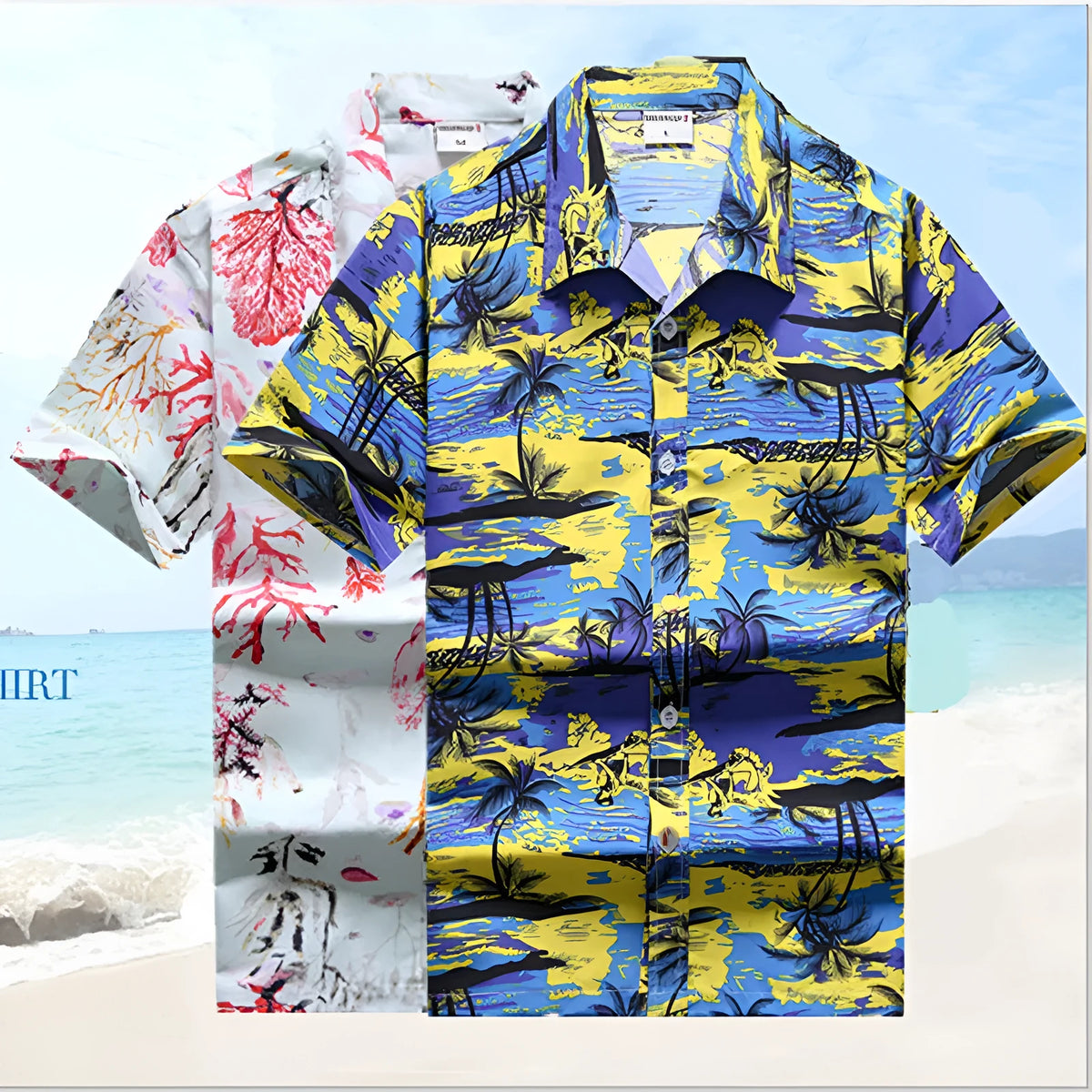 Men's loose beach Hawaiian shirt with short sleeves, floral print, and thin polyester peach skin fabric in yellow, blue, white, or multi-colour.