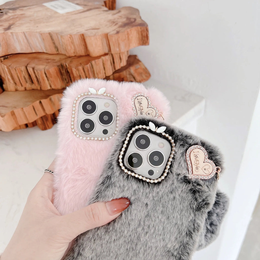 Winter plush solid colour back cover for iPhone 11 in pink