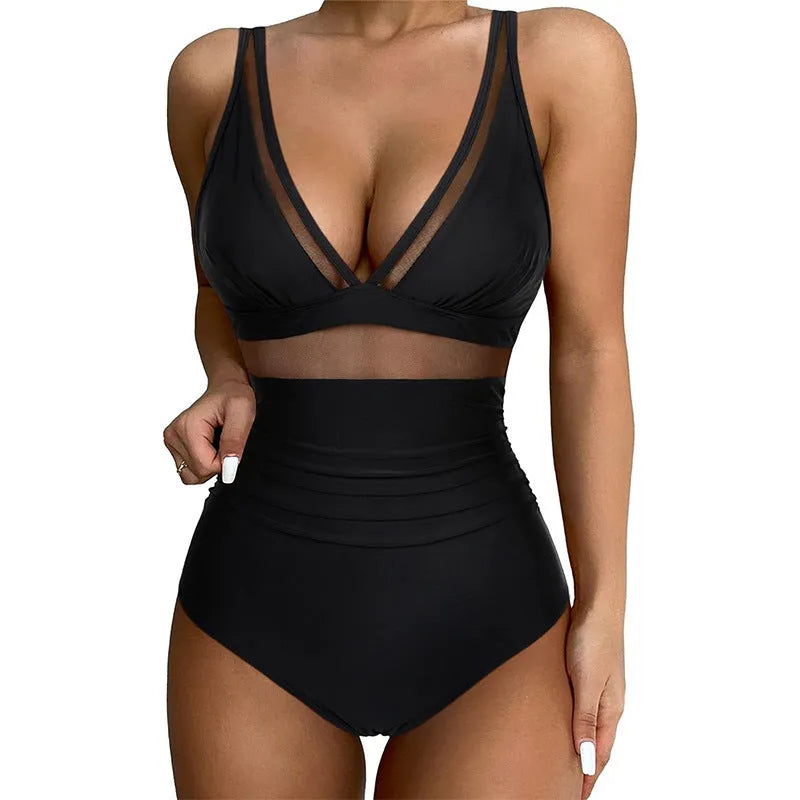Black women's halter one-piece swimsuit with mesh detailing and sleeveless design