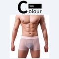Men's thin solid colour boxer shorts in black, white, blue, green, pink, and skin colour on a white background.