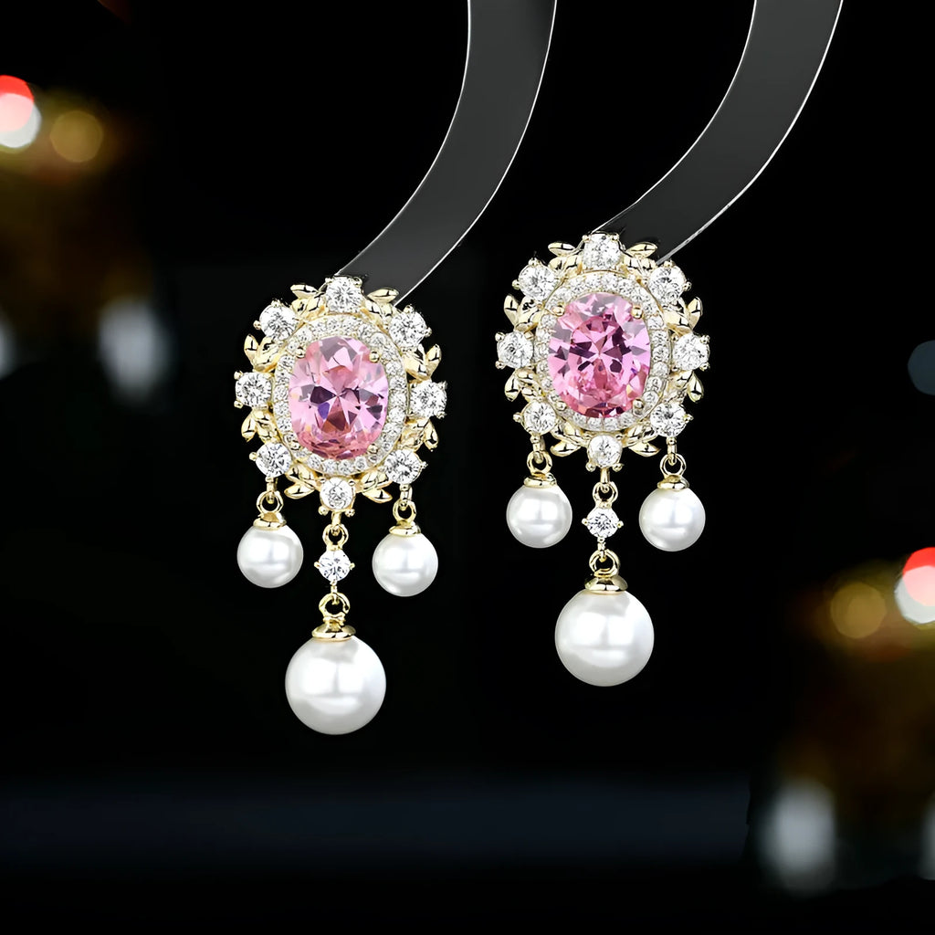 Oval-shaped copper drop earrings with inlaid zircon stones, white pearls, and a light purple tassel.