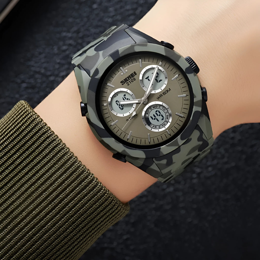 Electronic casual watch with camouflage pattern, resin crystal, and stainless steel button on TPU strap