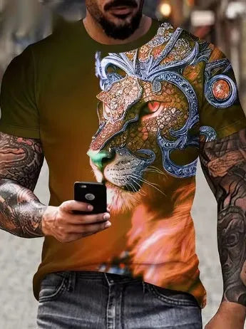Men's black T-shirt with 3D lion print design, polyester fabric, available sizes XXS to 6XL