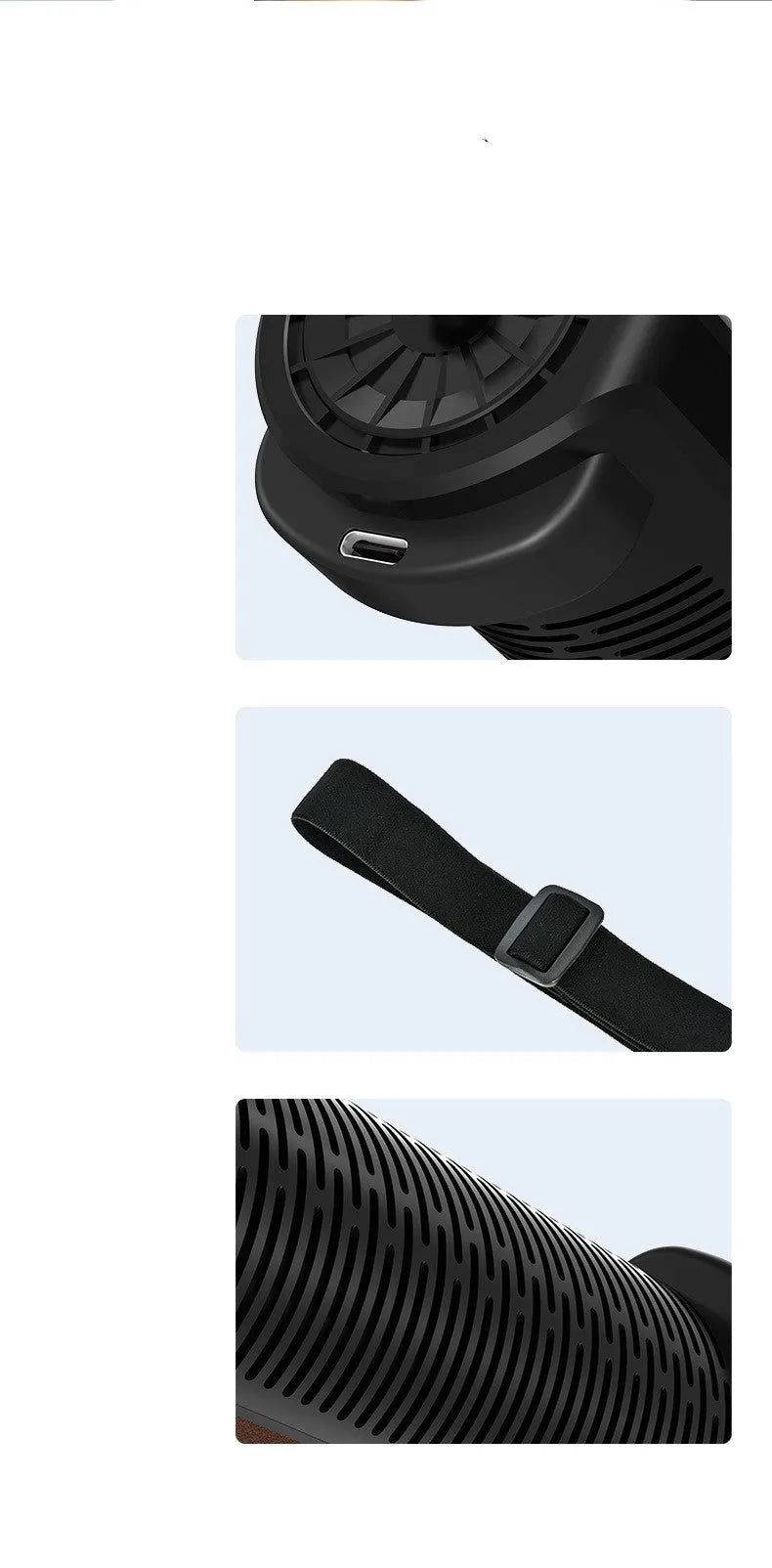 Bladeless car mounted fan with USB cable showing black, brown, and red colour options