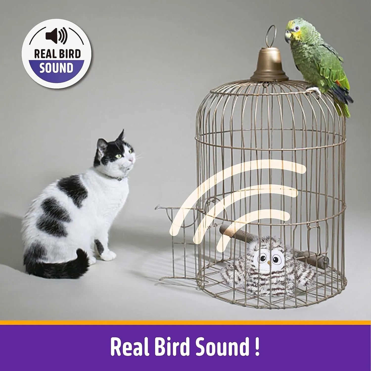 Grey automatic chirping owl cat toy with beating wings, 10x14cm with catnip