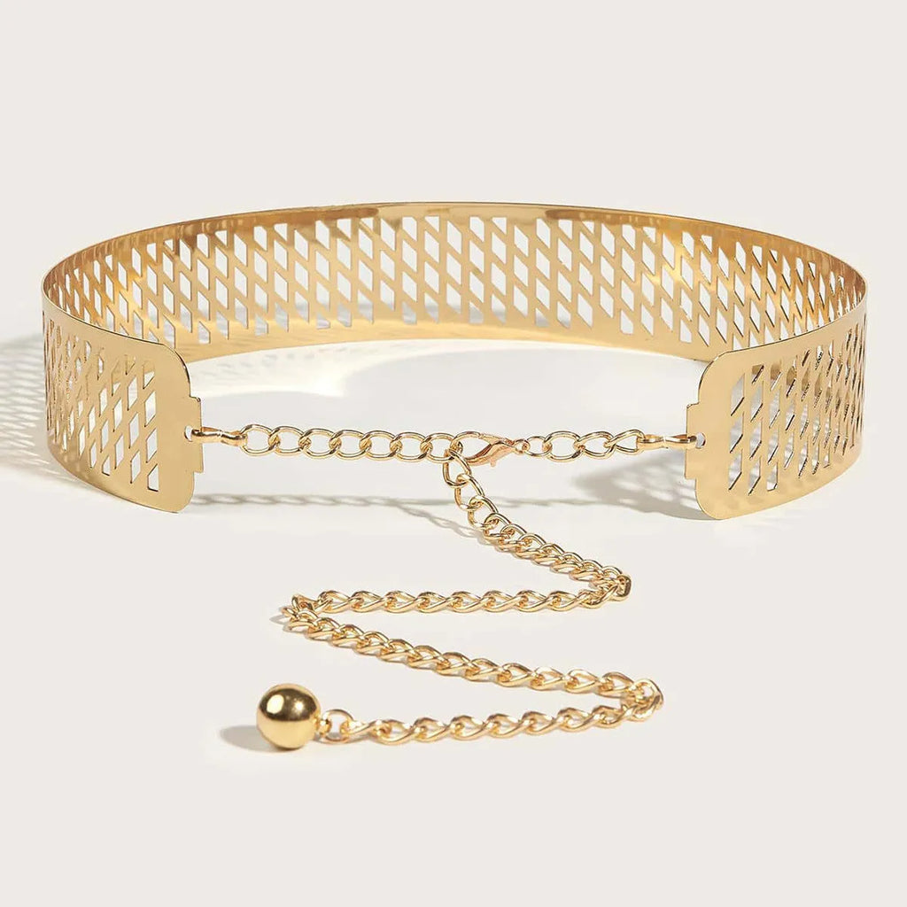 Iron Waist Seal fashion belt with golden lantern head flower design, 4.5cm wide, gold colour.