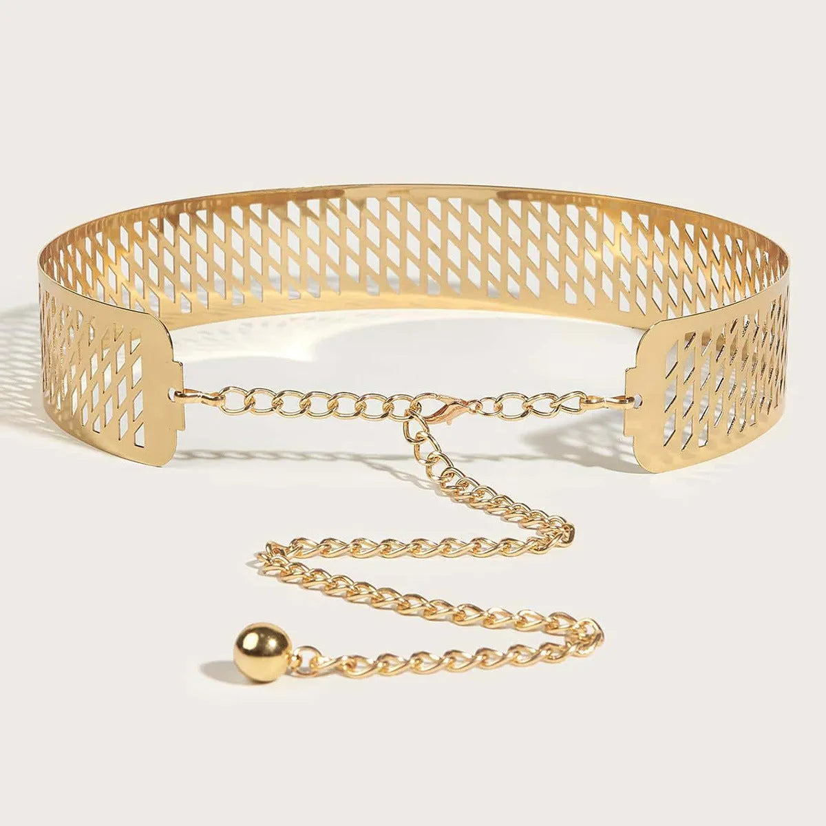 Iron Waist Seal fashion belt with golden lantern head flower design, 4.5cm wide, gold colour.