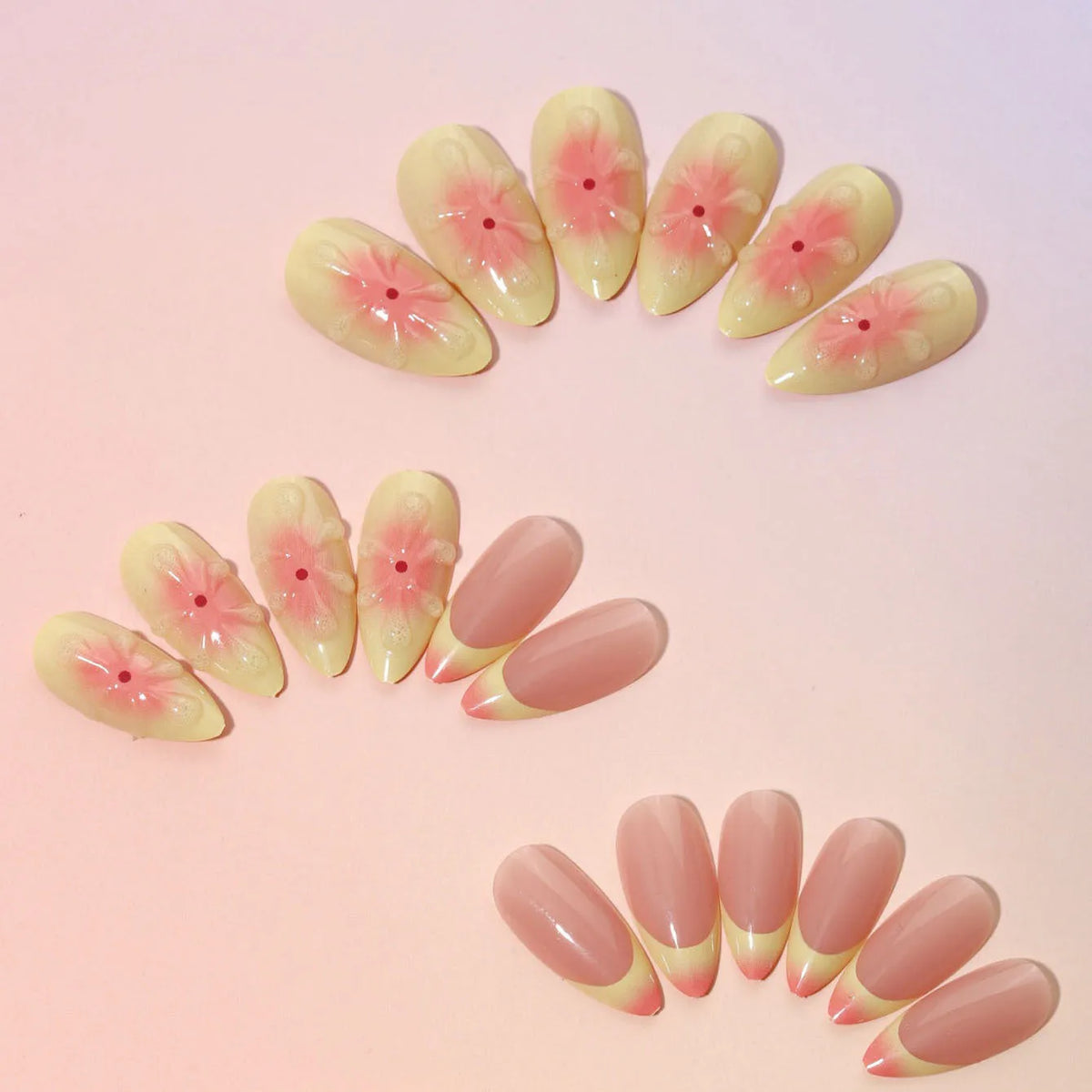 TY-318 fake nails set with 3D cartoon flower designs on plastic wearable armour pieces