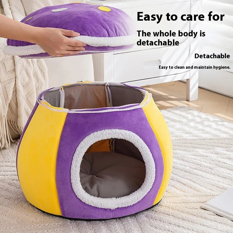 Grey mushroom-shaped cat bed with soft plush interior, shown with a cat inside.
