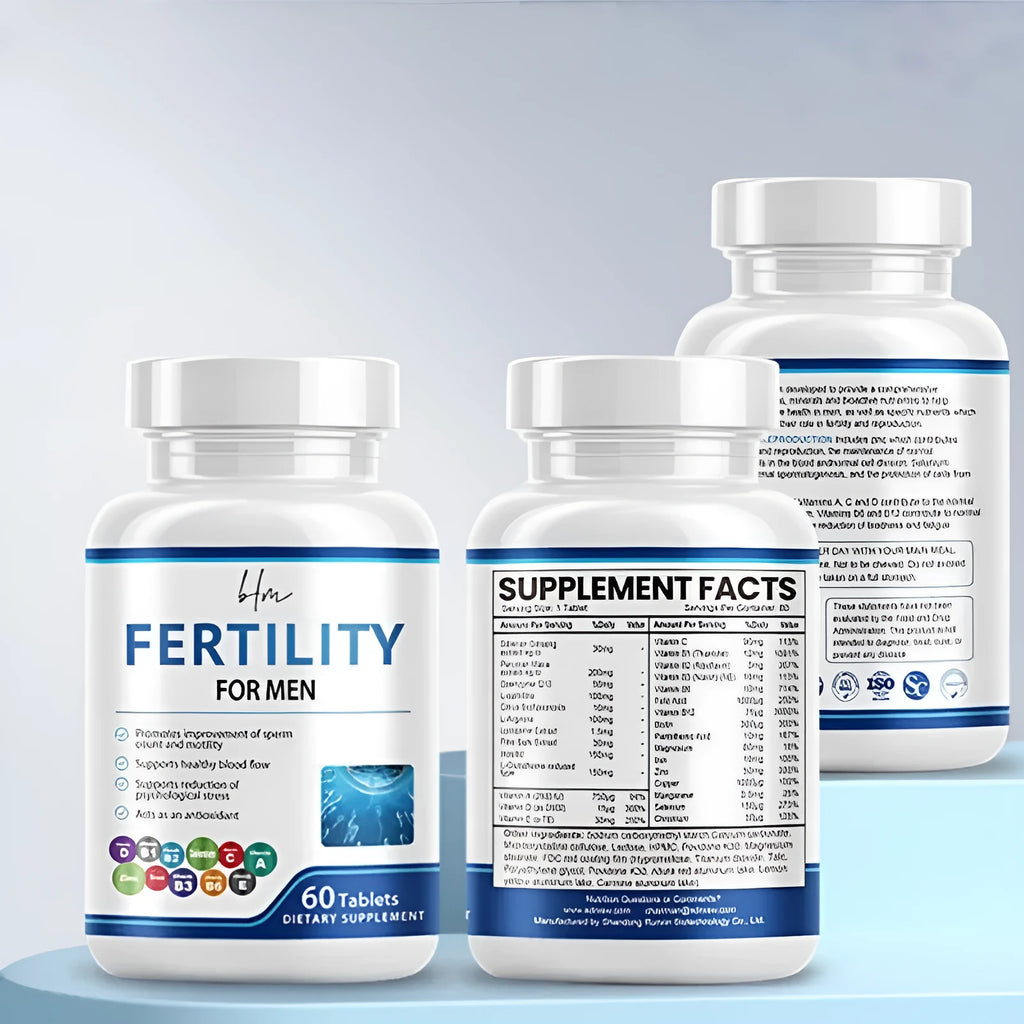 Bottle of 60 male fertility tablets with COMLEX vitamin mineral amino acid formula.