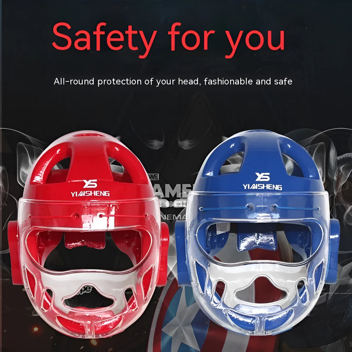 A blue, red, or white karate helmet for boxing head protection, shown in sizes S, M, L, and XL.