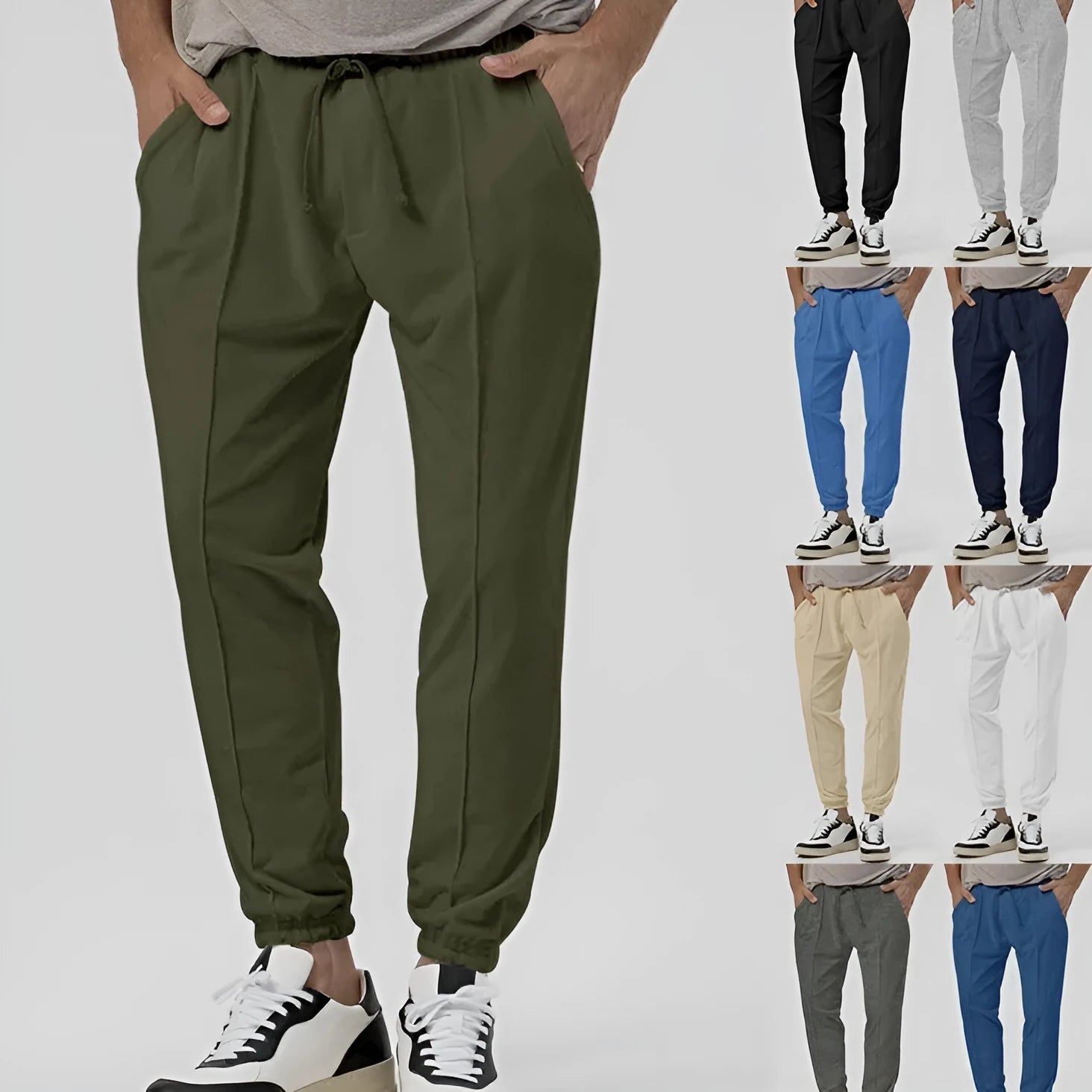 Men's straight-leg casual trousers in grey with tapered fit and elastic waistband