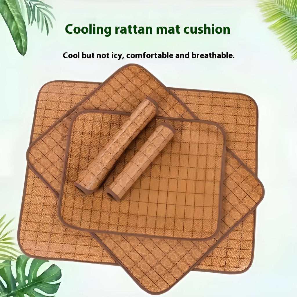 Brown woven rattan dog cooling mat showing open weave pattern for air circulation