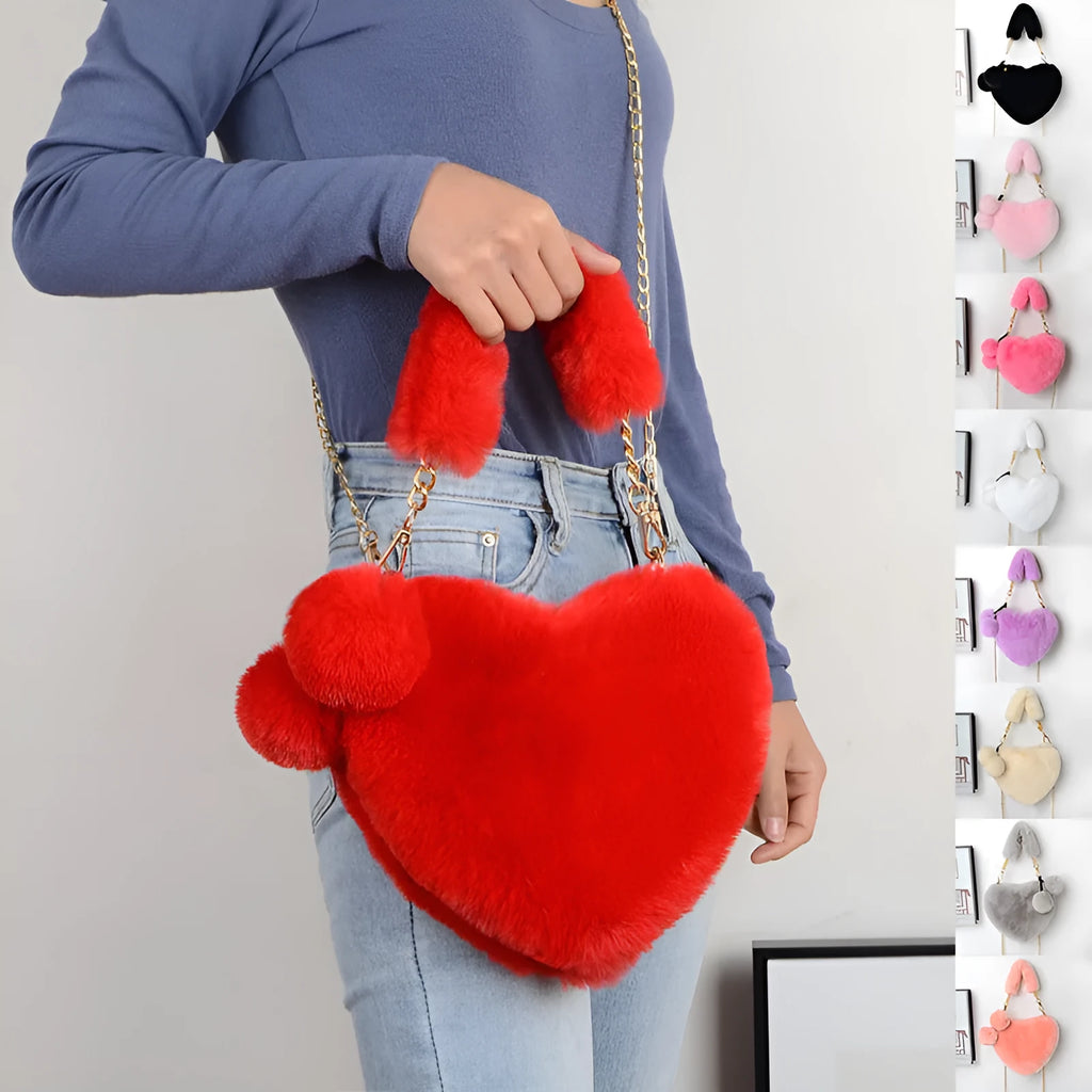Love Bags soft plush heart-shaped handbag with zipper closure and removable handle in solid colour