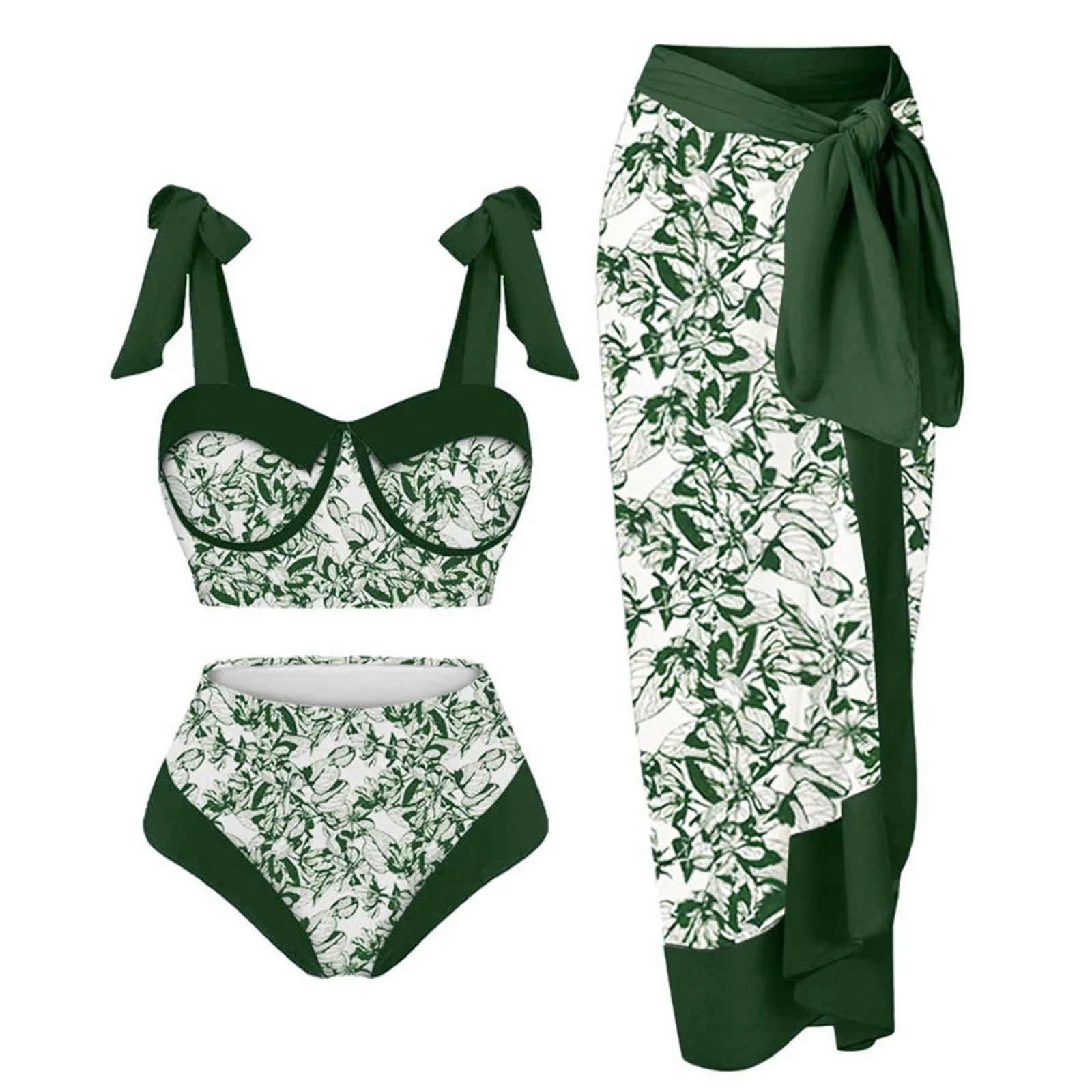 Women's printed split swimsuit three-piece set showing skirt, bra and panties in polyester fabric
