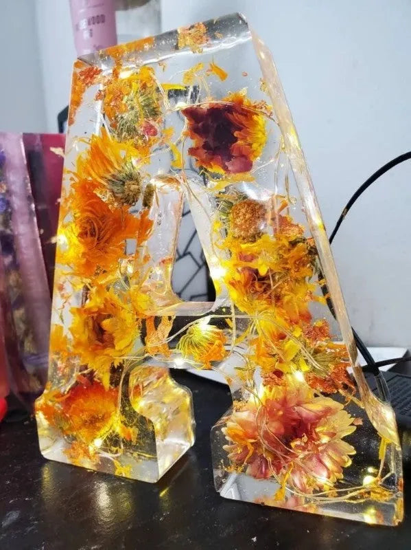 Letter Flower transparent resin night light ornament, 15cm square, personalised with a letter of your choice