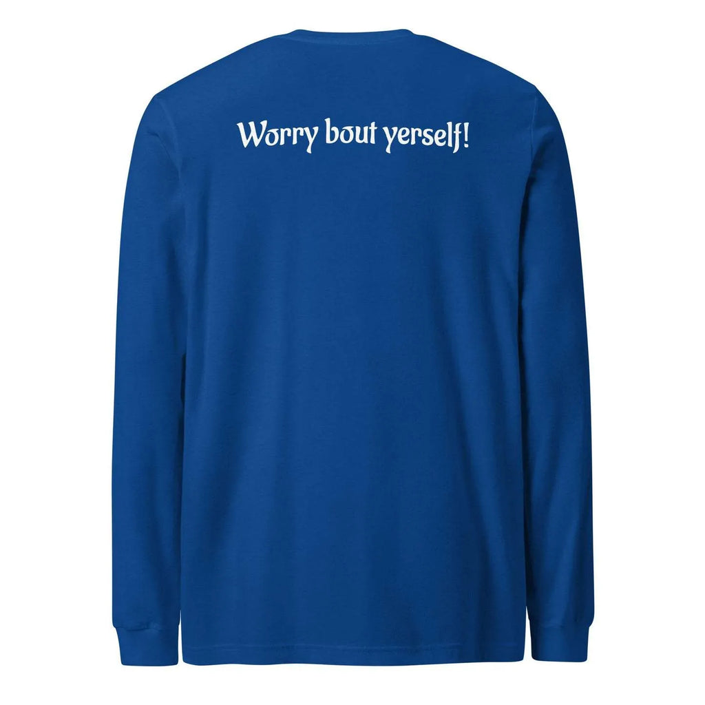 Blue men's loose fit casual pullover sweater with printed design, round neckline.