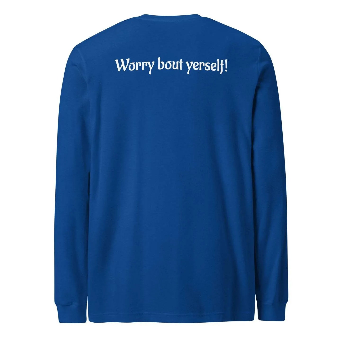 Blue men's loose fit casual pullover sweater with printed design, round neckline.