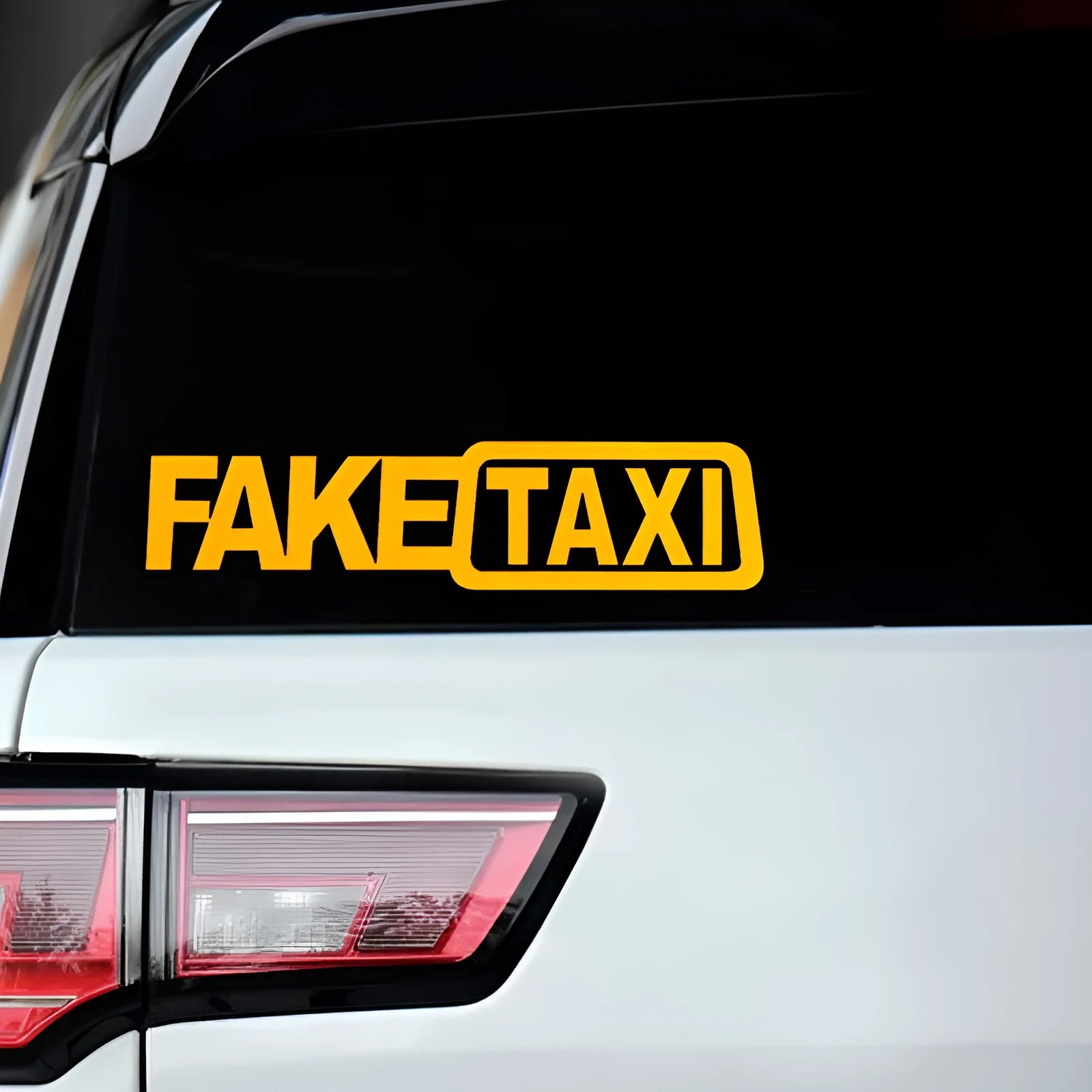 FAKE TAXI car sticker in black on white background showing 20x8cm waterproof PET decal