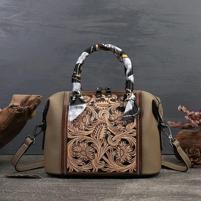 Genuine cowhide leather messenger bag in horizontal square shape with European retro styling