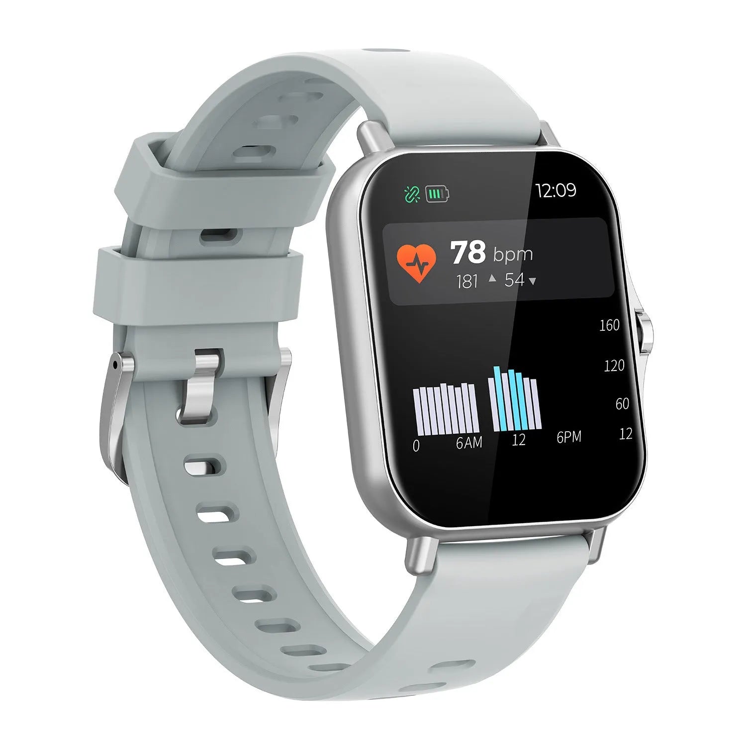 Smart watch with curved touch screen displaying heart rate monitoring interface in blue colour option