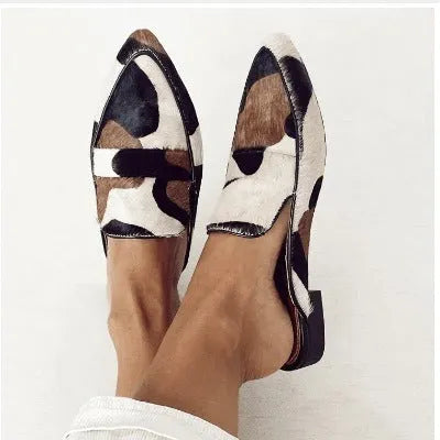 Black and white apricot imitation horse hair print suede retro women's shoes with pointed toe and low heel.