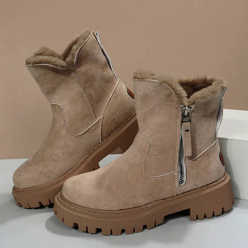 Women's black faux suede snow boots with high top, square heel, and side zipper closure