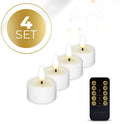 Four white S4 LED flameless tealight candles showing warm flickering glow
