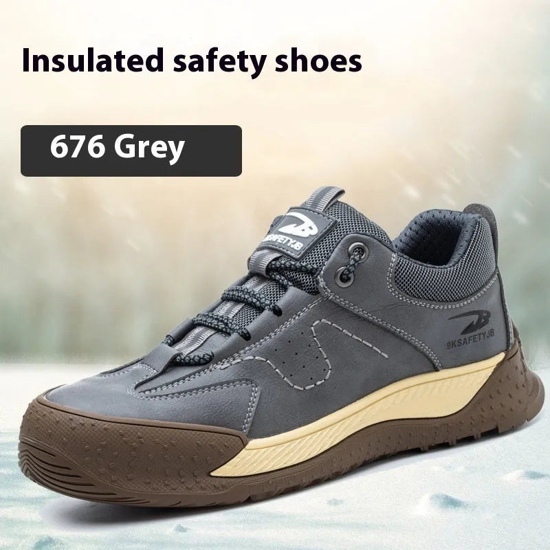 Leather and Flyknit work safety shoe with rubber sole shown in black, khaki, and grey colours