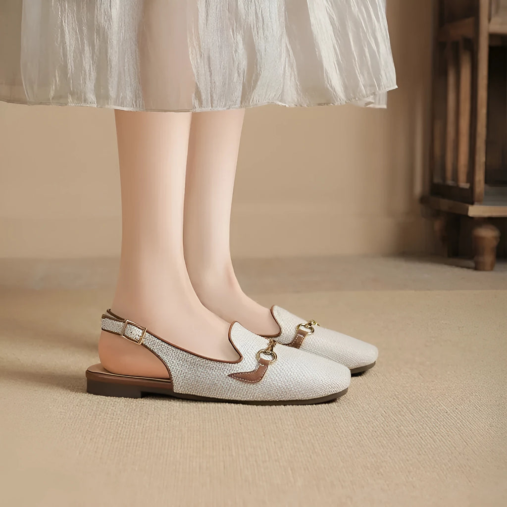 Women's Korean-style closed toe casual sandals with metal chain, square toe, and ankle-strap buckle in beige white