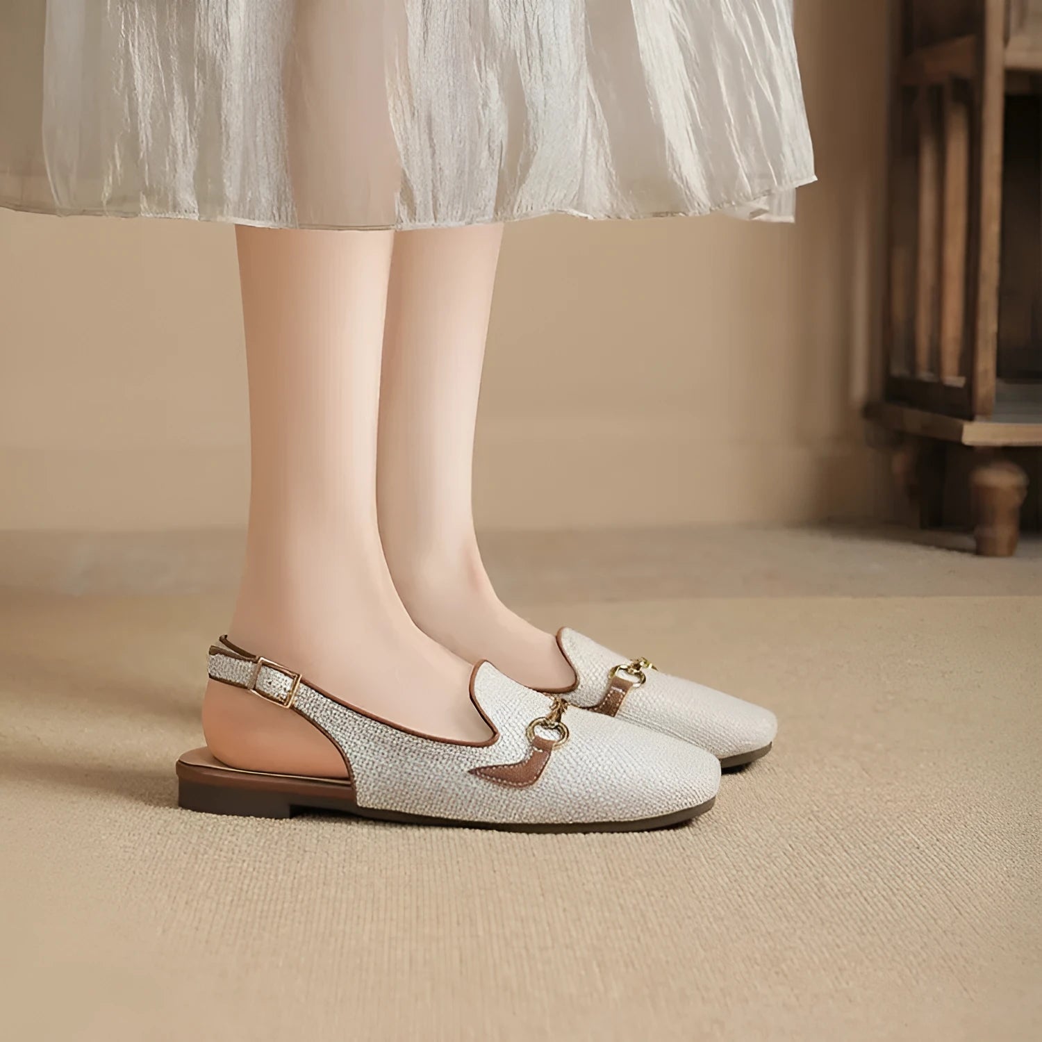 Women's Korean-style closed toe casual sandals with metal chain, square toe, and ankle-strap buckle in beige white