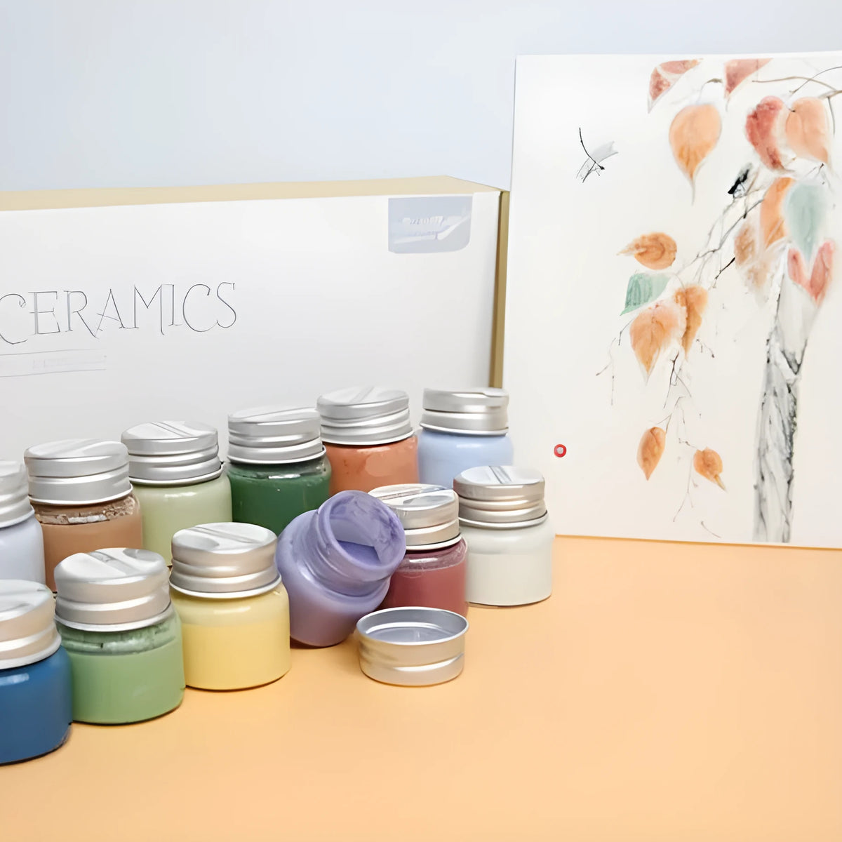 Three 25g pots of Morandi ceramic glaze paint in Lilac, Plant Ash and Verdant colours for high-temperature pottery firing