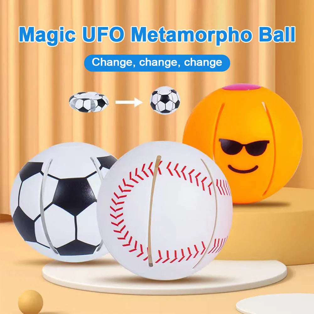 Transformable dog toy showing ball and flying disc modes in orange plastic with 9cm diameter