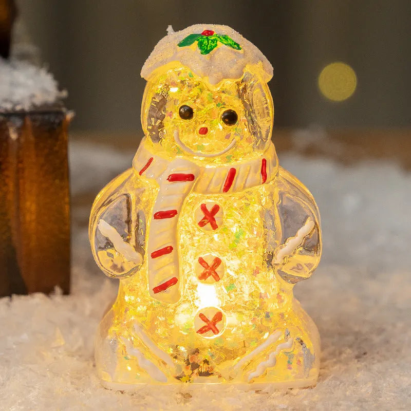 Glowing Christmas gingerbread man snowman ornament in plastic with four colour variations including clear, white and red scarf options