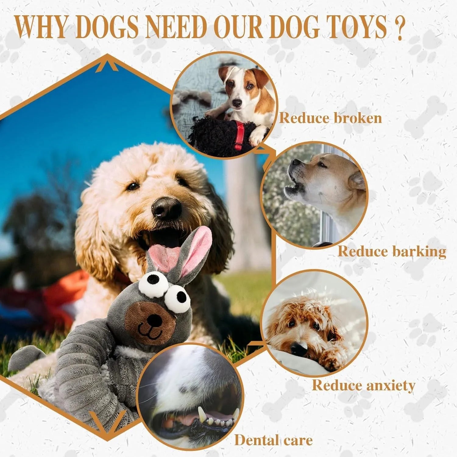 Brown squeaky plush dog toy with crinkle material measuring approximately 23cm in length
